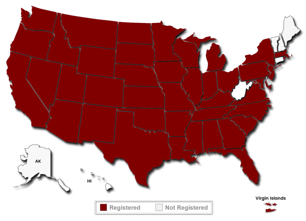 Map of United States (Including Alaska, Hawaii, and the Virgin Islands) that shows all the states and territories Peak Engineering is registered in. The states and territories in the map are colored either light gray or red, with red states and territories representing where Peak is registered. The map is almost entirely red.