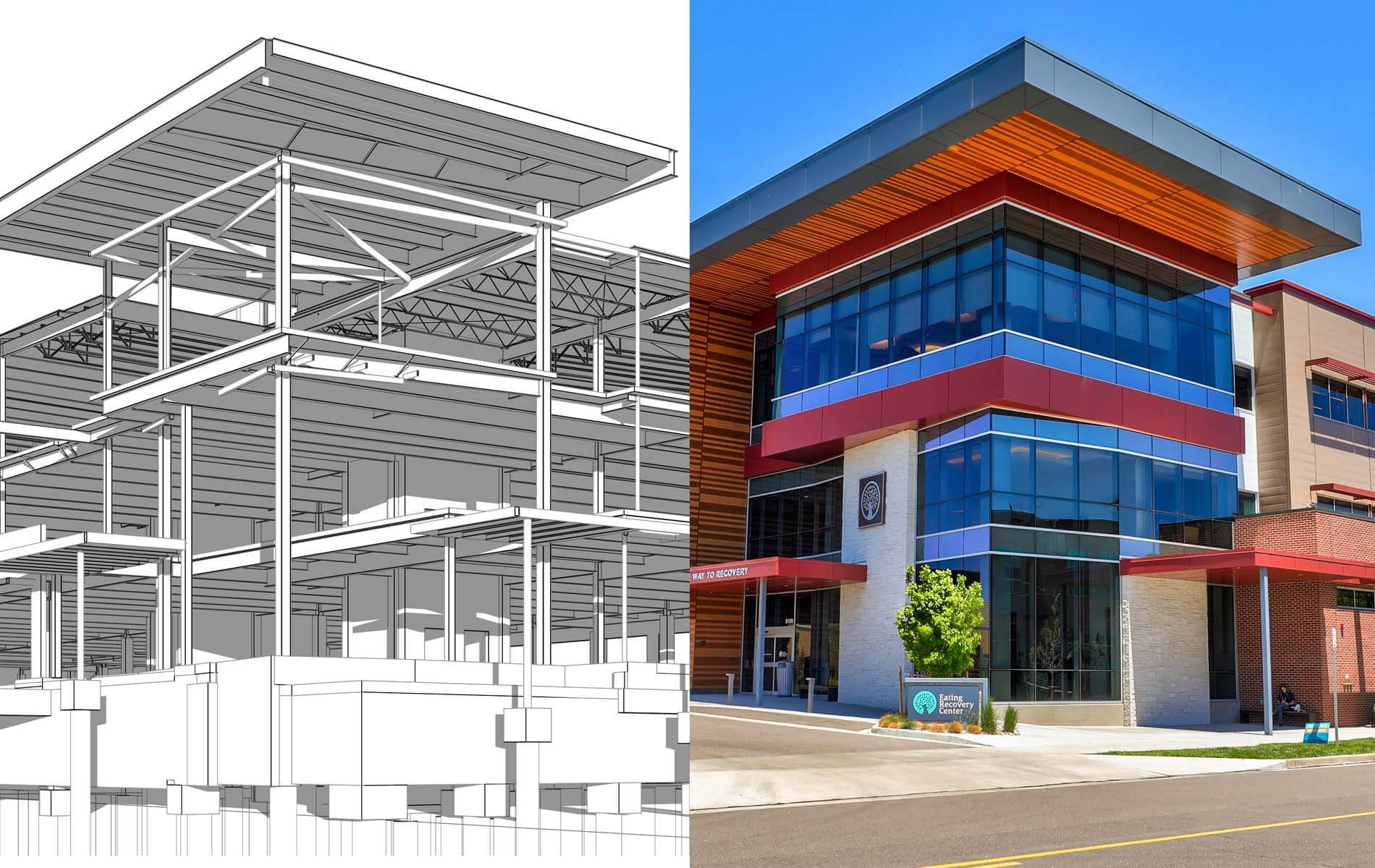 Image is split vertically. On the left half, is the CADD drawing and, on the right half is the actualy building.