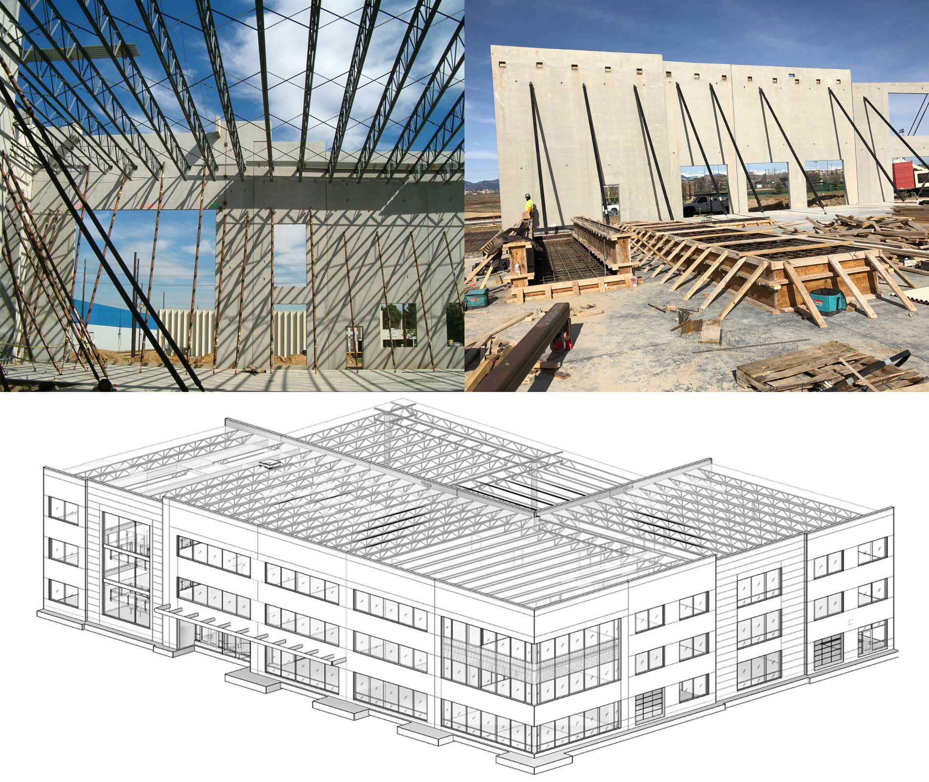 Photo montage of 3. Top half shows contsruction photos and bottom half shows a 3D CADD drawing.