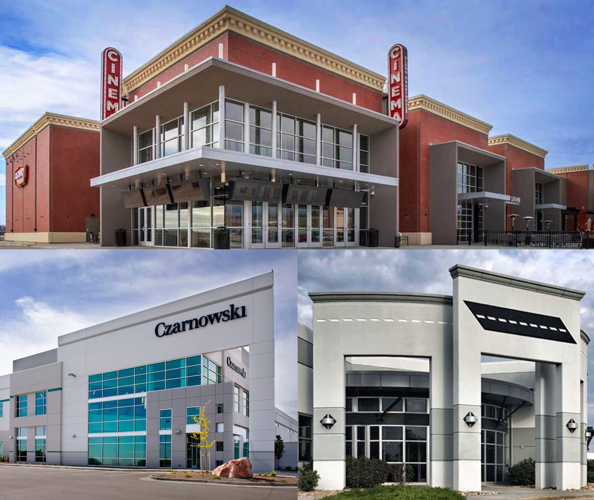 Photo montage of 3. Top photo: cinema project. Bottom photos: 2 office projects